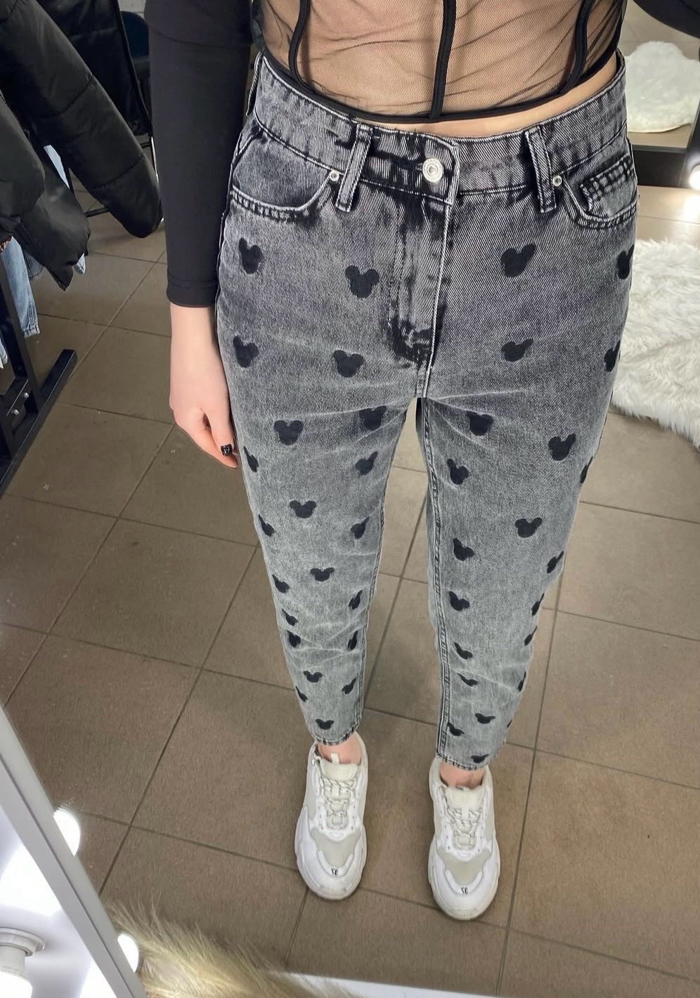 Jean Gris Délavé Motif "Mickey Mouse