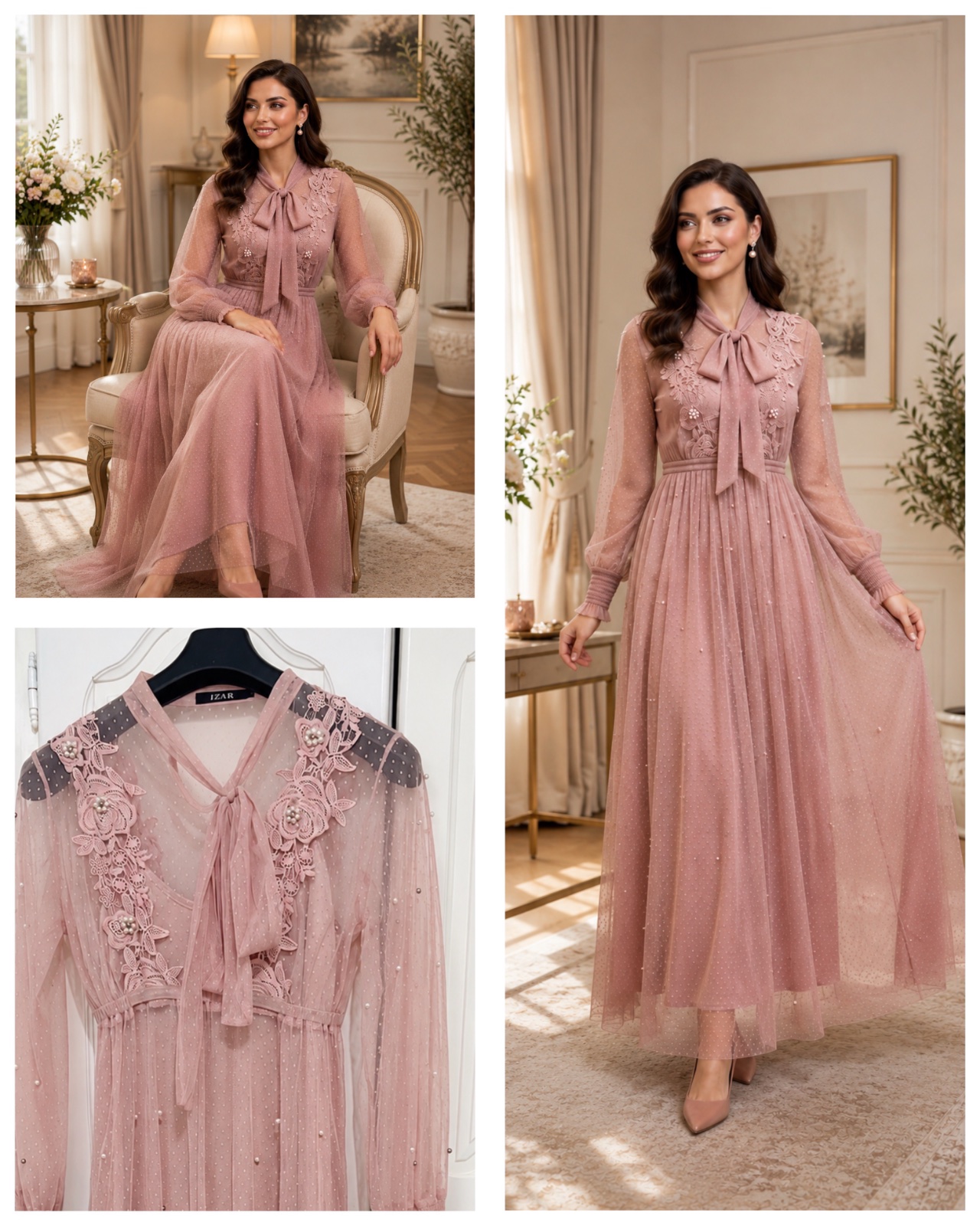 Robe de soirée importé d'Arabie Saoudite / cocktail élégante en tulle rose poudré avec perles et broderie