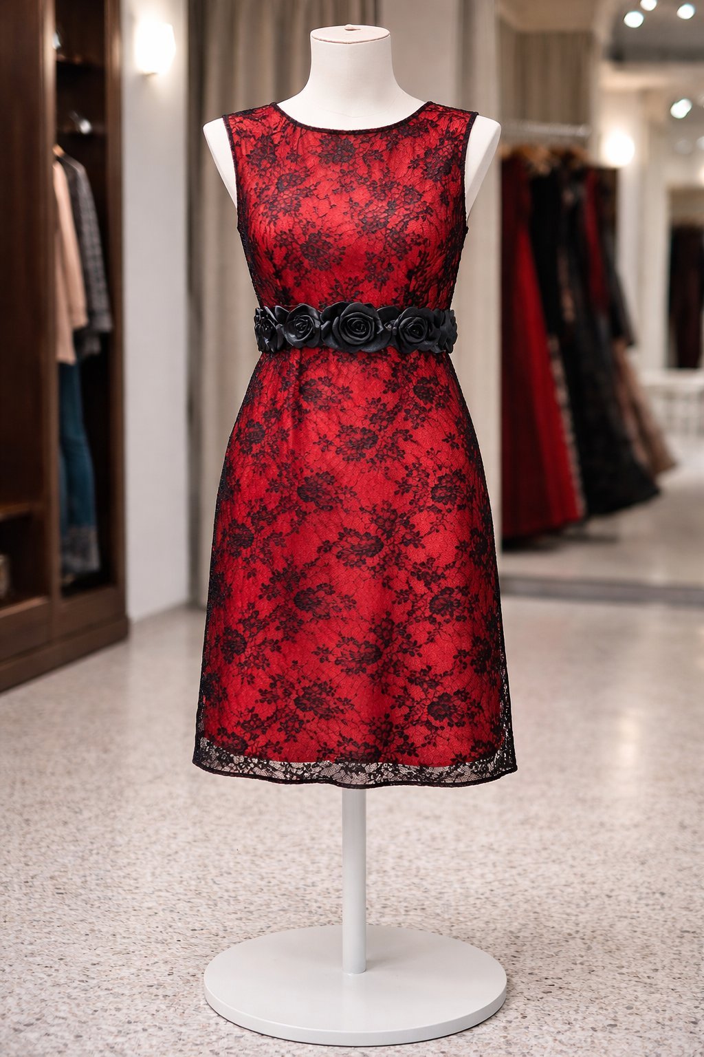 Robe soirée rouge avec des dentelles noires très classe et le prix intratable ❤️❤️