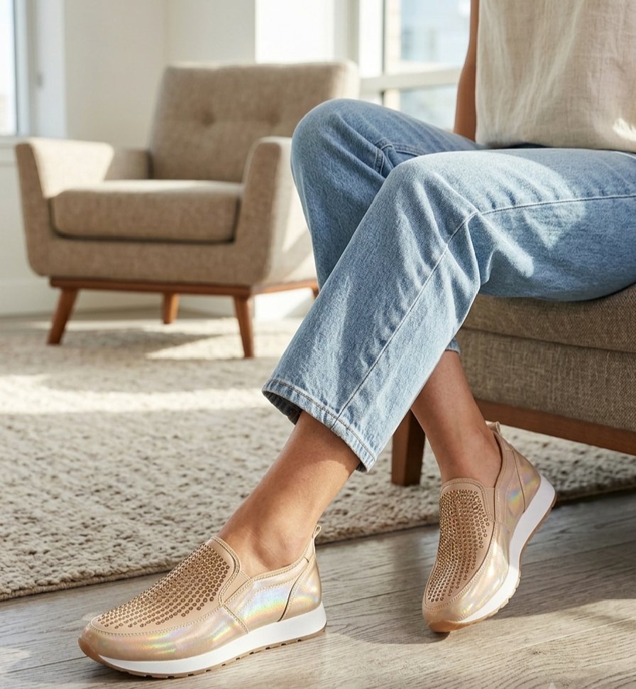 Chaussures Slip-On Nude Iridescentes à Strass – Neuves (Jamais Portées)