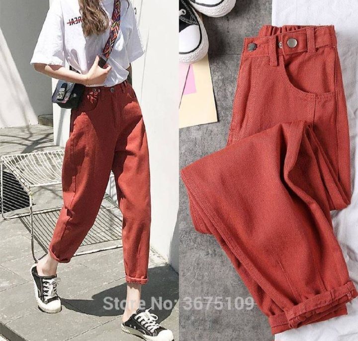 Jean rouge brique taille haute boyfriend