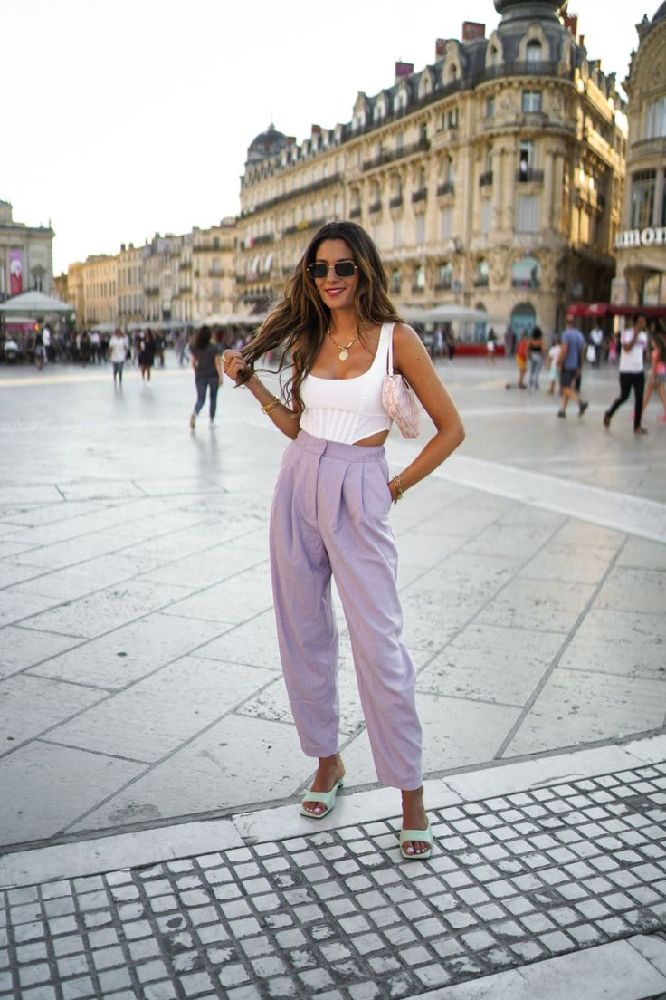 Pant à cheville mauve lilas taille haute 