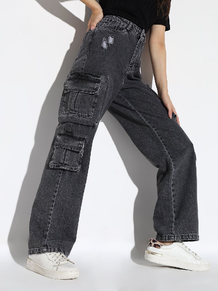 Jeans cargo taille haute