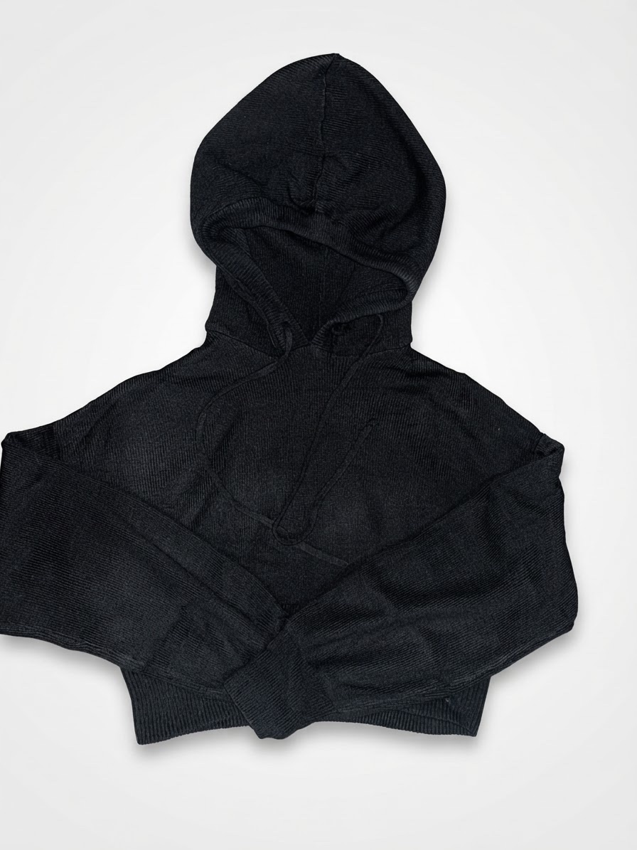 Pull à Capuche - Maille Côtelé - Noir - Crop / Court