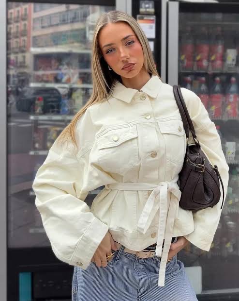 Bershka oversized belted denim jacket in cream/ecru