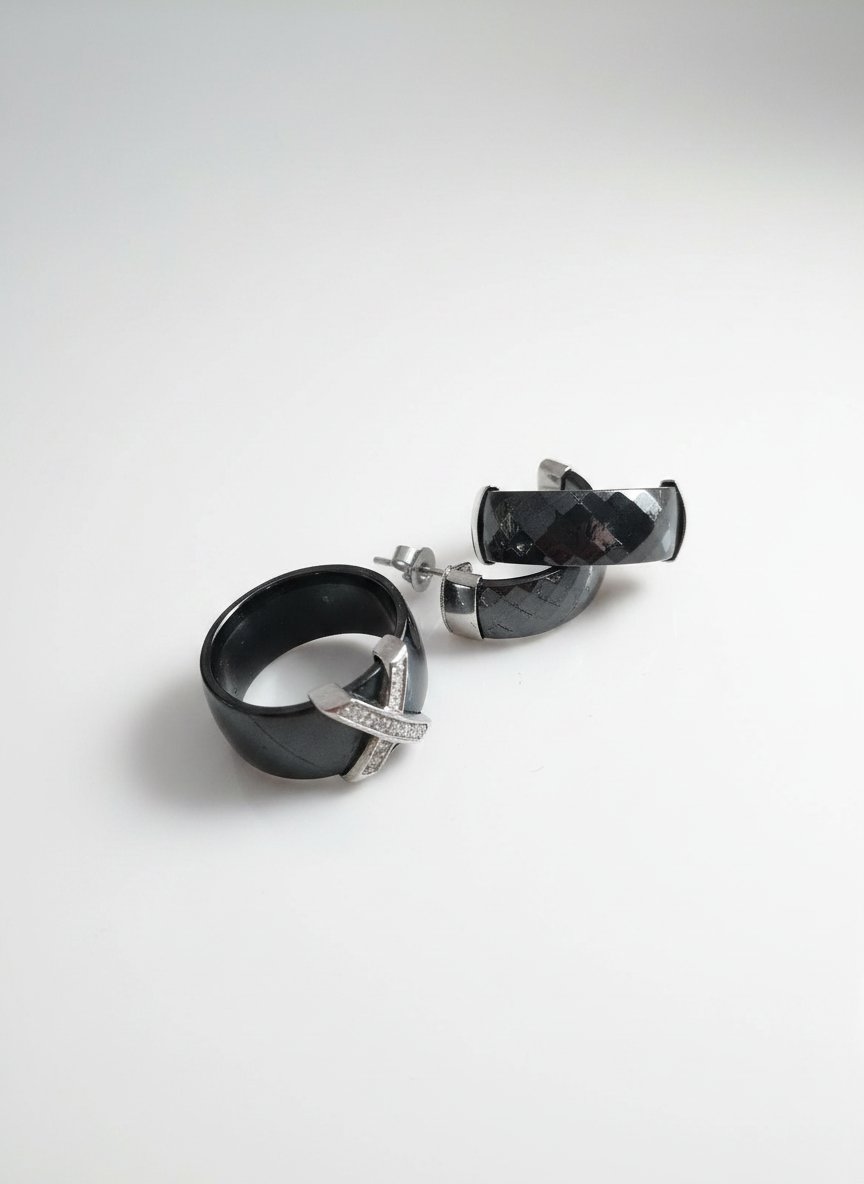 Boucles d'oreilles et Bague en céramique et acier inoxydable