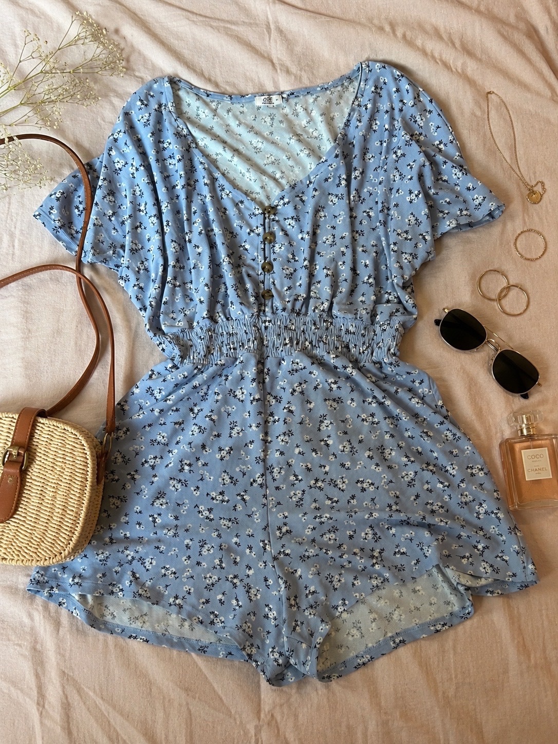 Combishort bleu fleuri style bohème