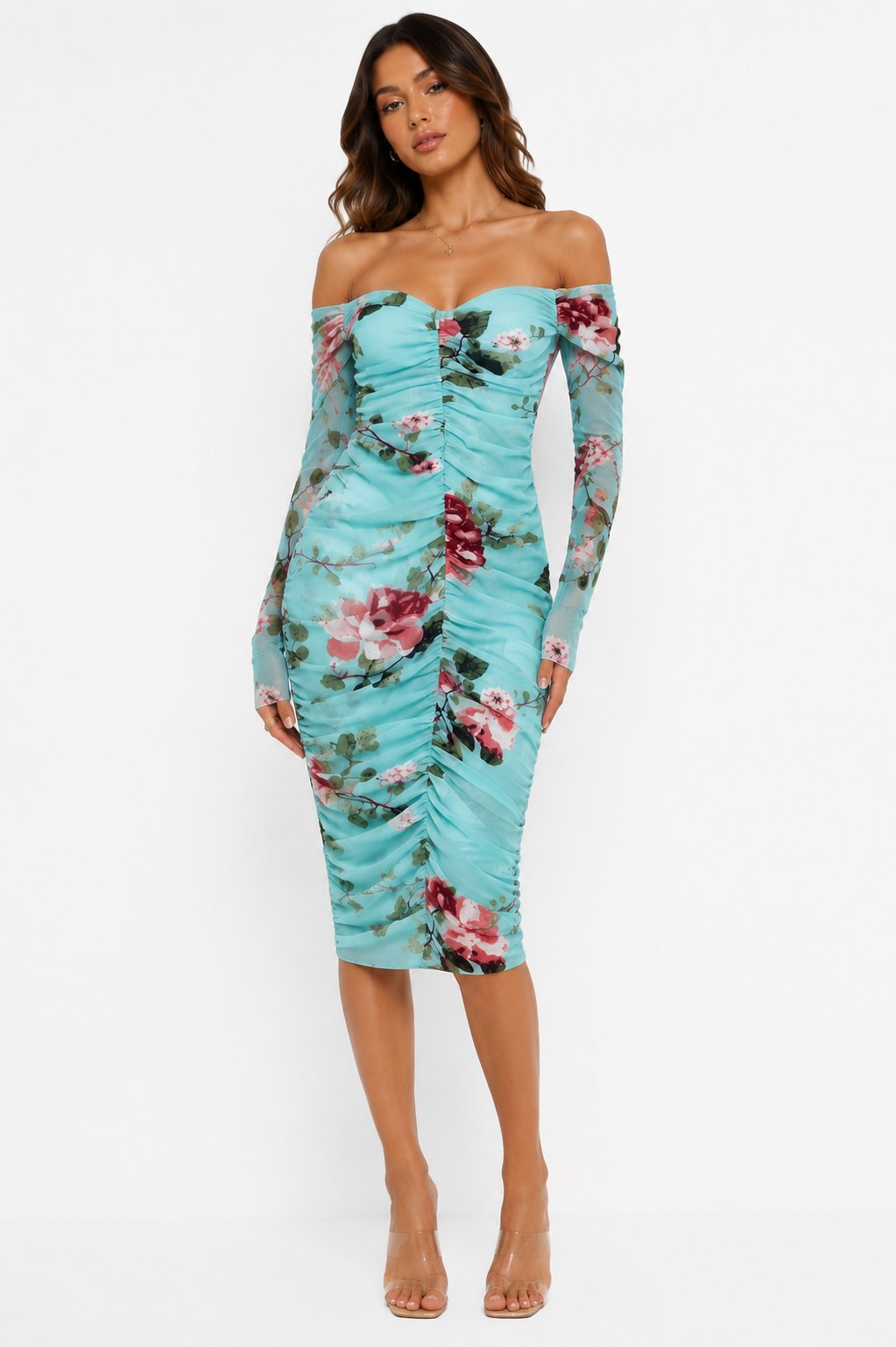 Robe mi-longue drapée en tulle à imprimé fleuri turquoise