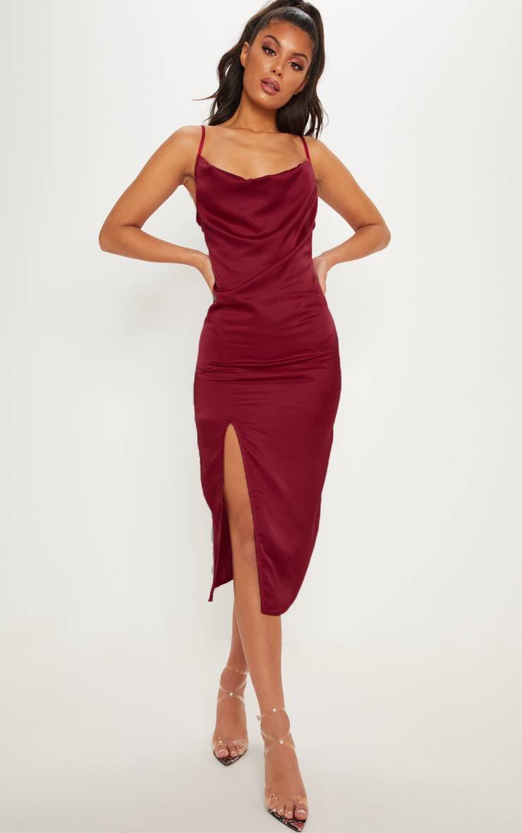 Robe Midi Satinée À Bretelles Avec Col Drapé Bordeaux 