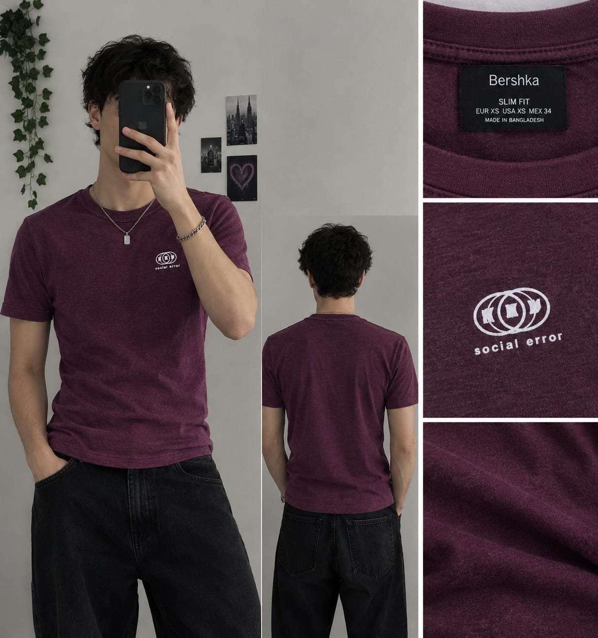 T-shirt Bershka bordeaux, coupe slim fit, avec logo blanc « Social Error » sur la poitrine. Style casual et tendance, idéal pour un look streetwear.