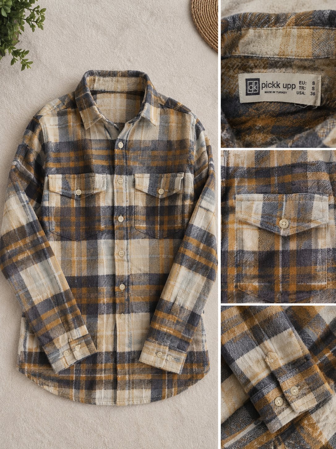 Chemise à carreaux beige, gris et moutarde 🧥 Taille S (EU/TR), USA 36. Made in Turkey.