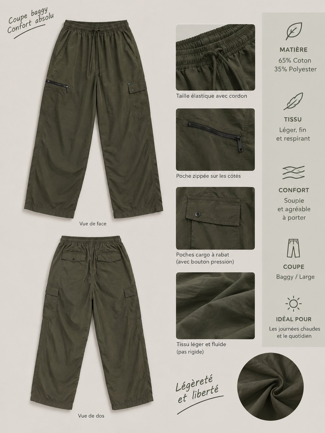 Pantalon vert kaki, coupe baggy et confortable, en tissu léger et souple, idéal pour les journées chaudes.