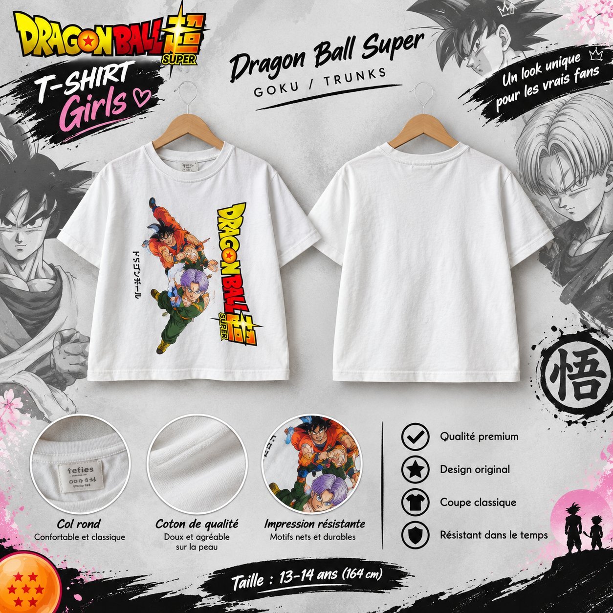 T-shirt blanc Lefties Girls, taille 13–14 ans (164 cm)، design Dragon Ball Super avec imprimé Goku & Trunks. 🤍🔥