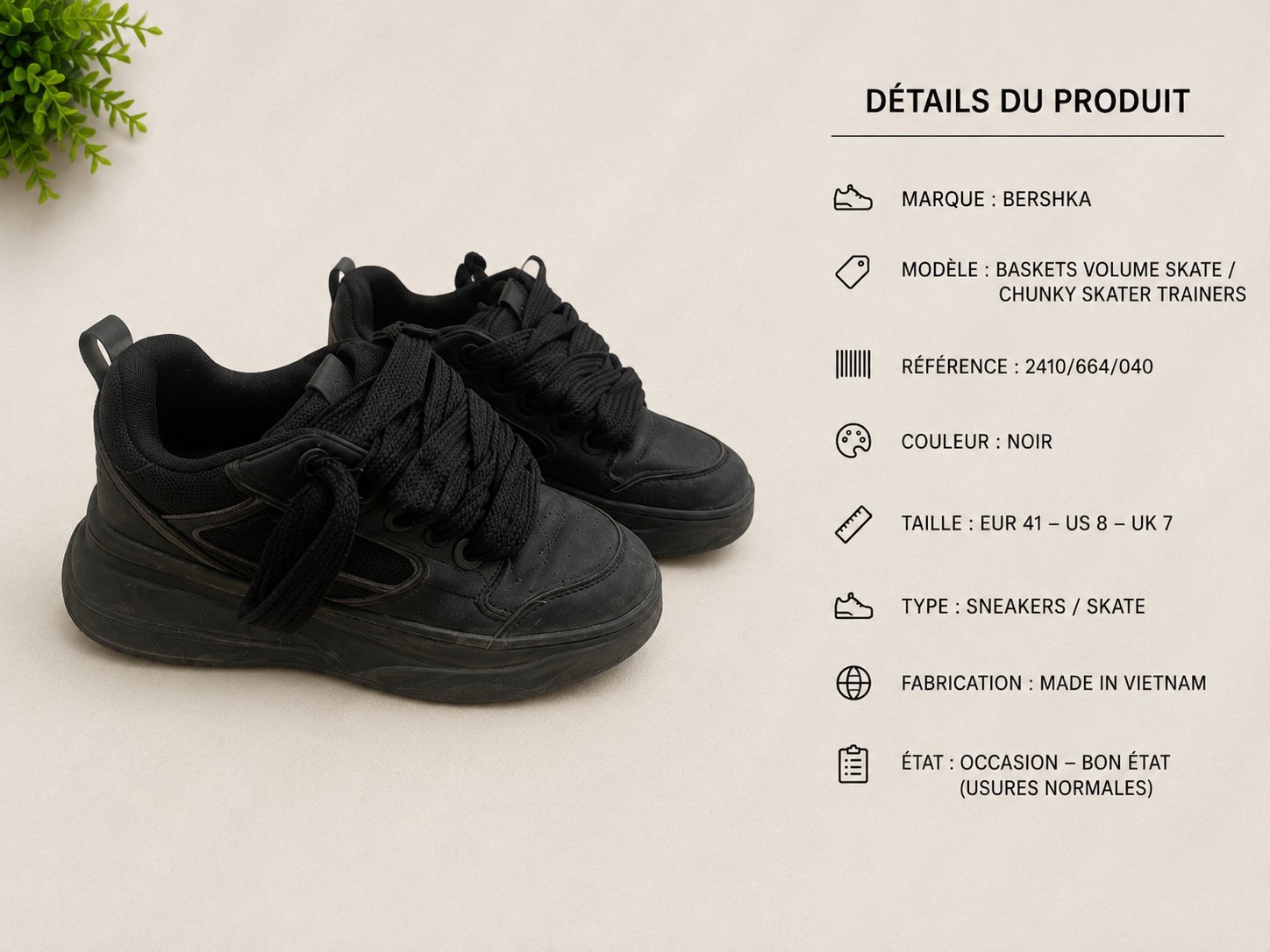👟 Baskets Noires – Pointure 42 Design chunky, 100% noir. Confortables, polyvalentes et en bon état. ✨ Idéales pour un look streetwear