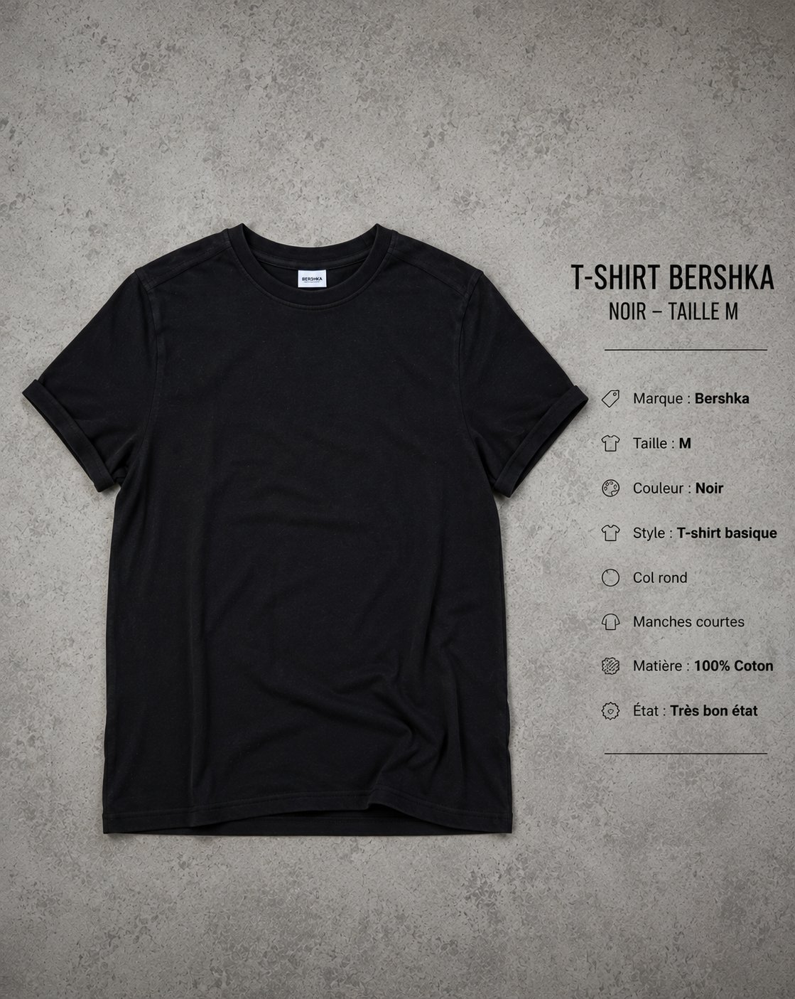 T-shirt Bershka Original – Noir – Taille M Coupe classique, col rond et manches courtes. Très bon état.