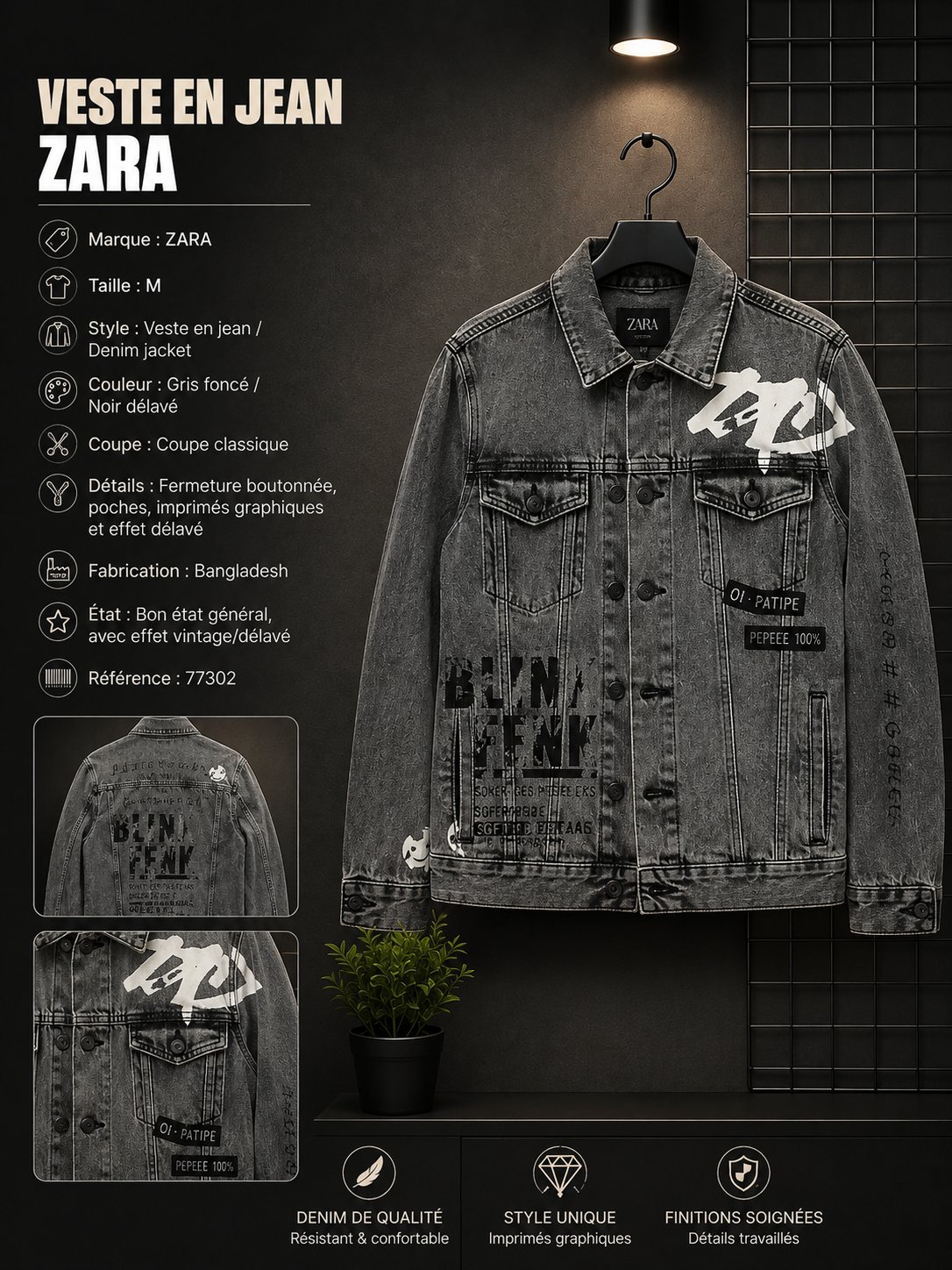 Veste en jean ZARA 🧥✨ Taille M, couleur gris foncé/noir délavé، coupe classique avec imprimés graphiques. Style vintage et décontracté, en bon état.