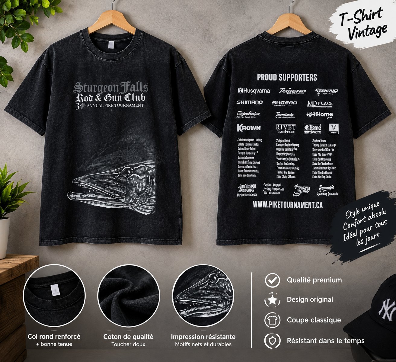 T-shirt vintage noir 🖤, design original avec imprimé brochet et détails graphiques. Style unique, coupe classique et excellent état.