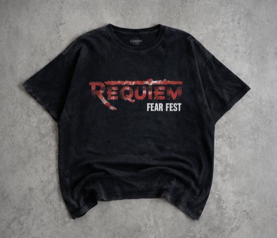 T-shirt noir REQUIEM — imprimé rouge et blanc, look original et tendance.