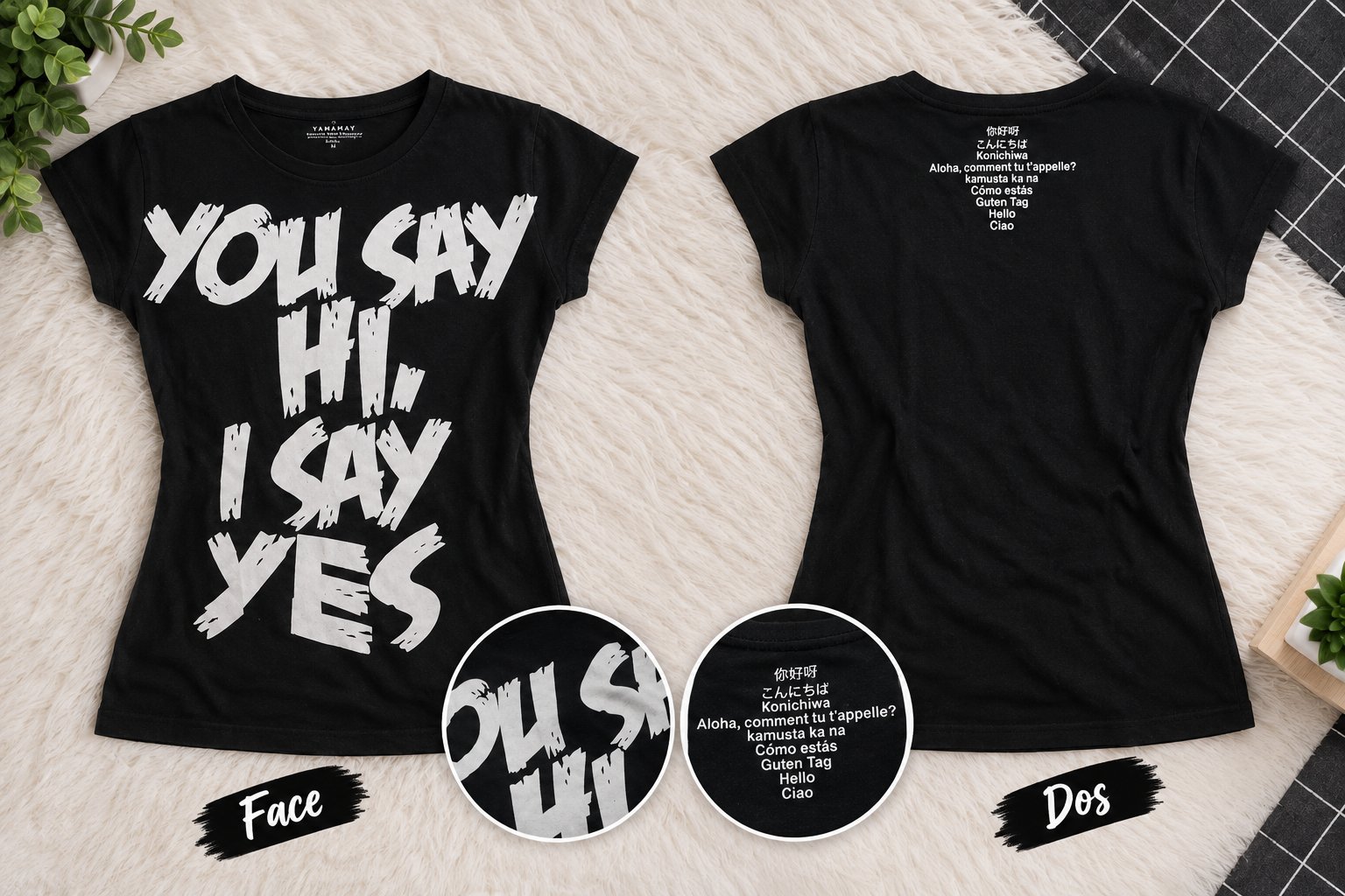 T-shirt noir YAMAMAY, coupe ajustée, avec grand imprimé graphique blanc « YOU SAY HI, I SAY YES ». 🖤🤍