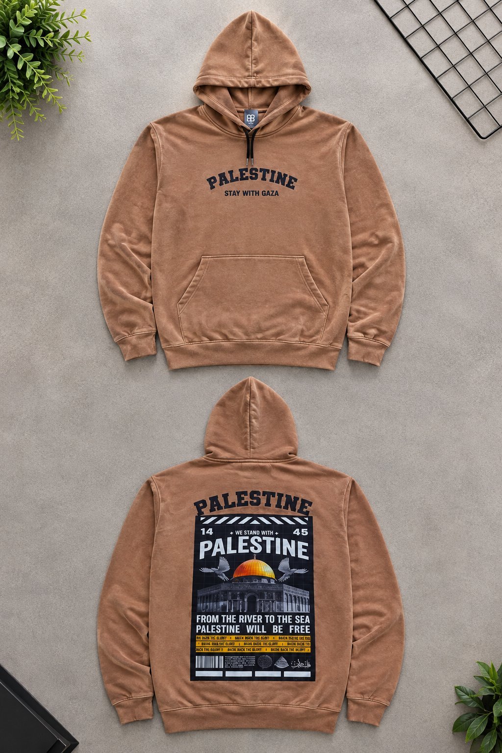 Sweat à capuche Palestine 🇵🇸 — couleur camel, coupe confortable, imprimé Palestine à l’avant et au dos.