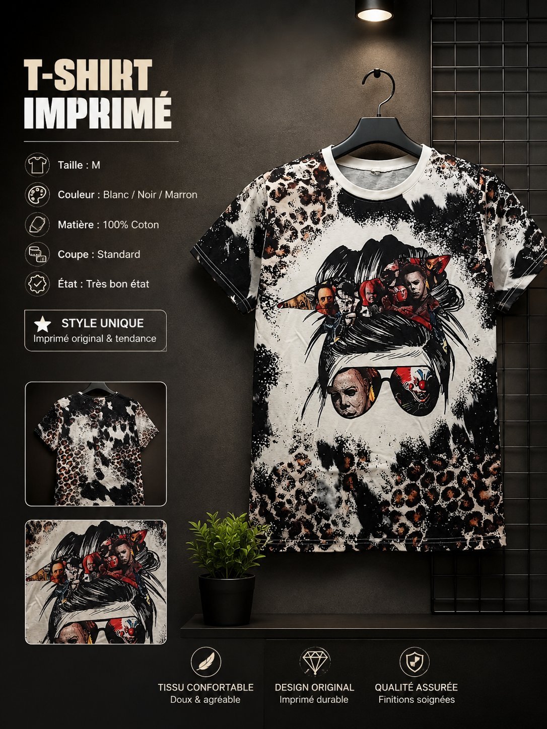 👕 T-Shirt Imprimé – Taille M Design original noir, blanc & léopard. Coupe standard, très bon état. ✨ Style unique et tendance.