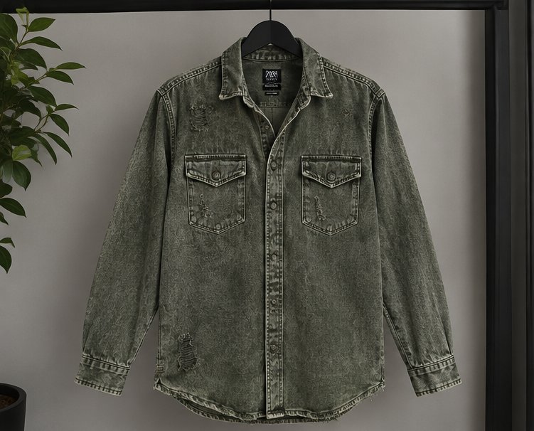 Veste en jean Zara vert kaki délavé, coupe relaxed fit, avec poches à rabat et détails effet usé. ✨