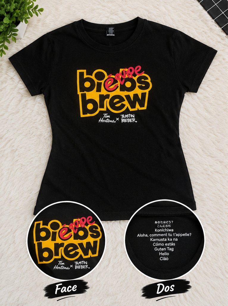 🖤 T-shirt noir بتصميم graphique « Biebs Brew » – Tim Hortons x Justin Bieber.
