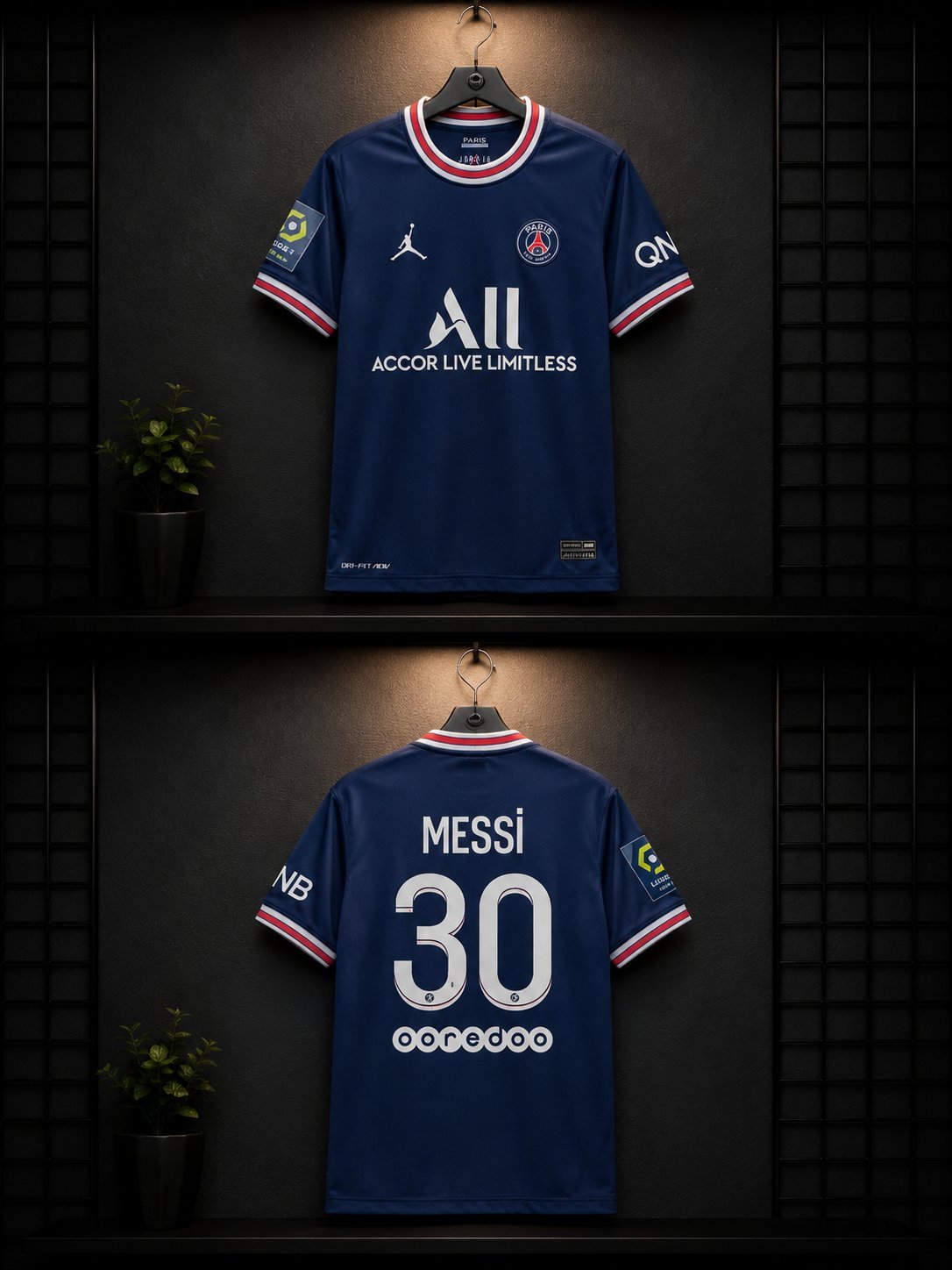 Maillot bleu : Maillot du PSG bleu marine, manches courtes, détails rouges et blancs, logos du club, Jordan et Spotify à l’avant, avec MESSI 30 et ooredoo au dos