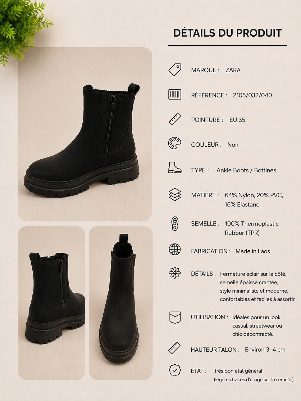 Bottines noires Zara, pointure EU 35, à semelle épaisse crantée et fermeture éclair latérale. Style moderne et confortable, en très bon état.