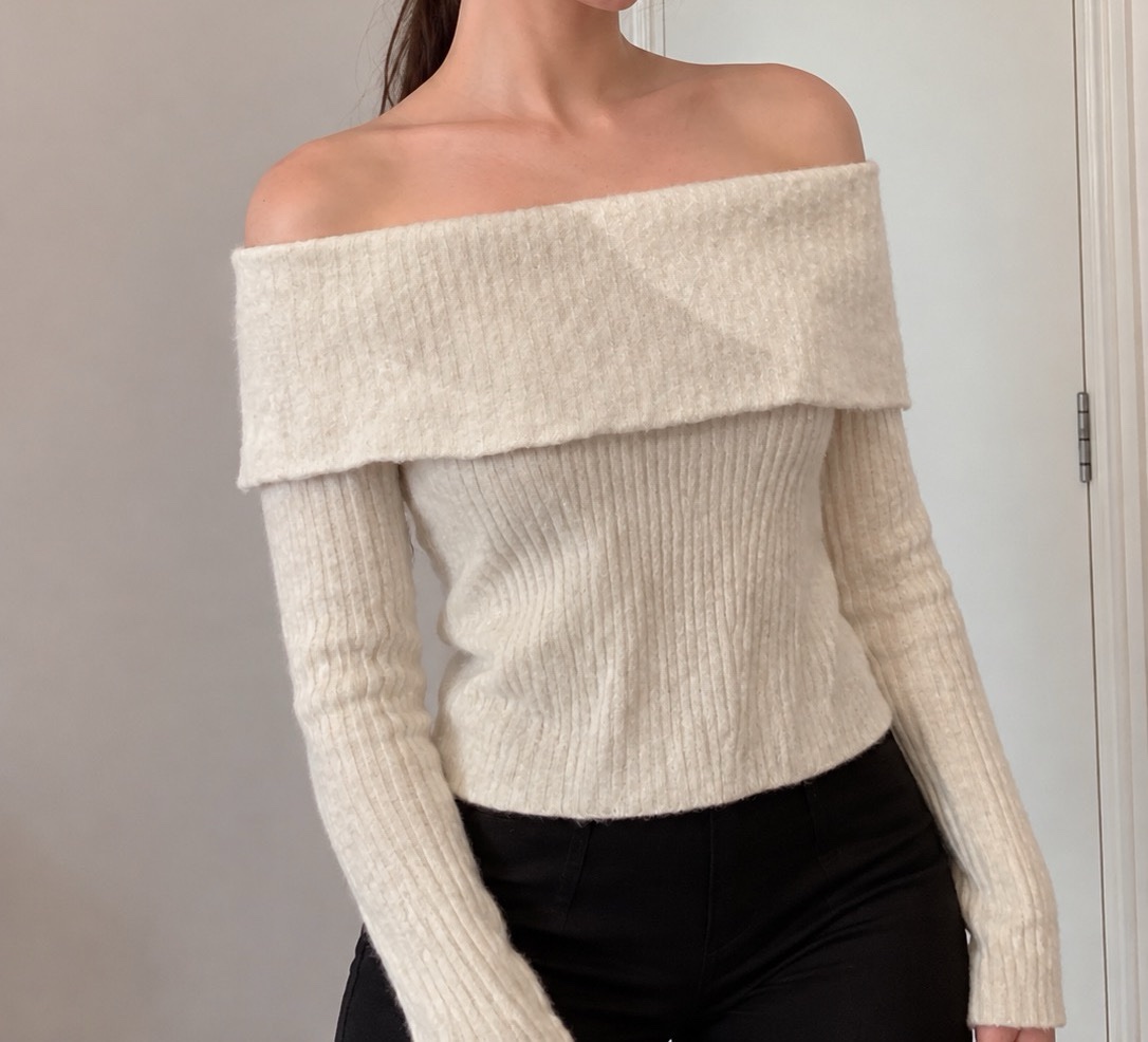 Pull femme crème col bateau 