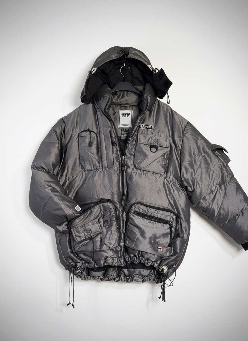 Veste South Pole Vintage Y2K Puffer Multi-poches Gris - Taille L mais coupe Large (fit XL oversize)