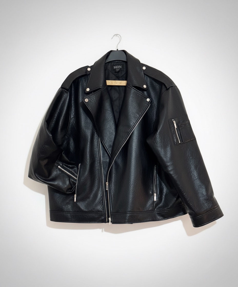 Extreme Oversized Textured PU Biker Jacket In Black