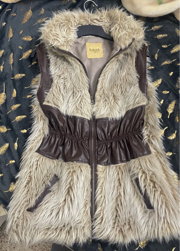 Veste fausse forrure et cuir marron