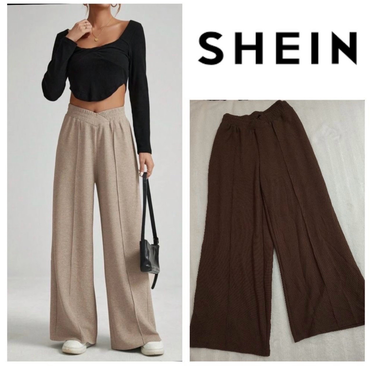 Pantalon large taille haute marron