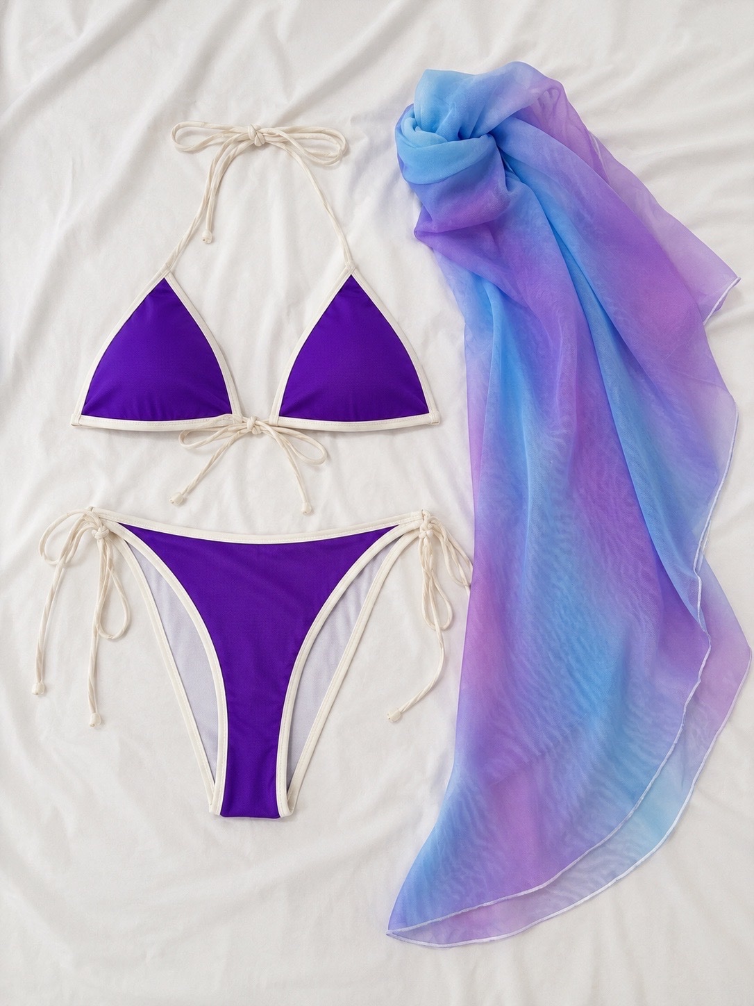 Bikini violet avec paréo transparent assorti 🌊✨