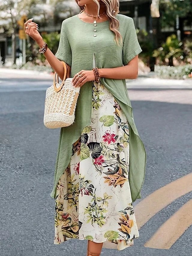 Robe 2-en-1 style bohème chic (Vert sauge et imprimé floral) - Neuve avec étiquette 🌸