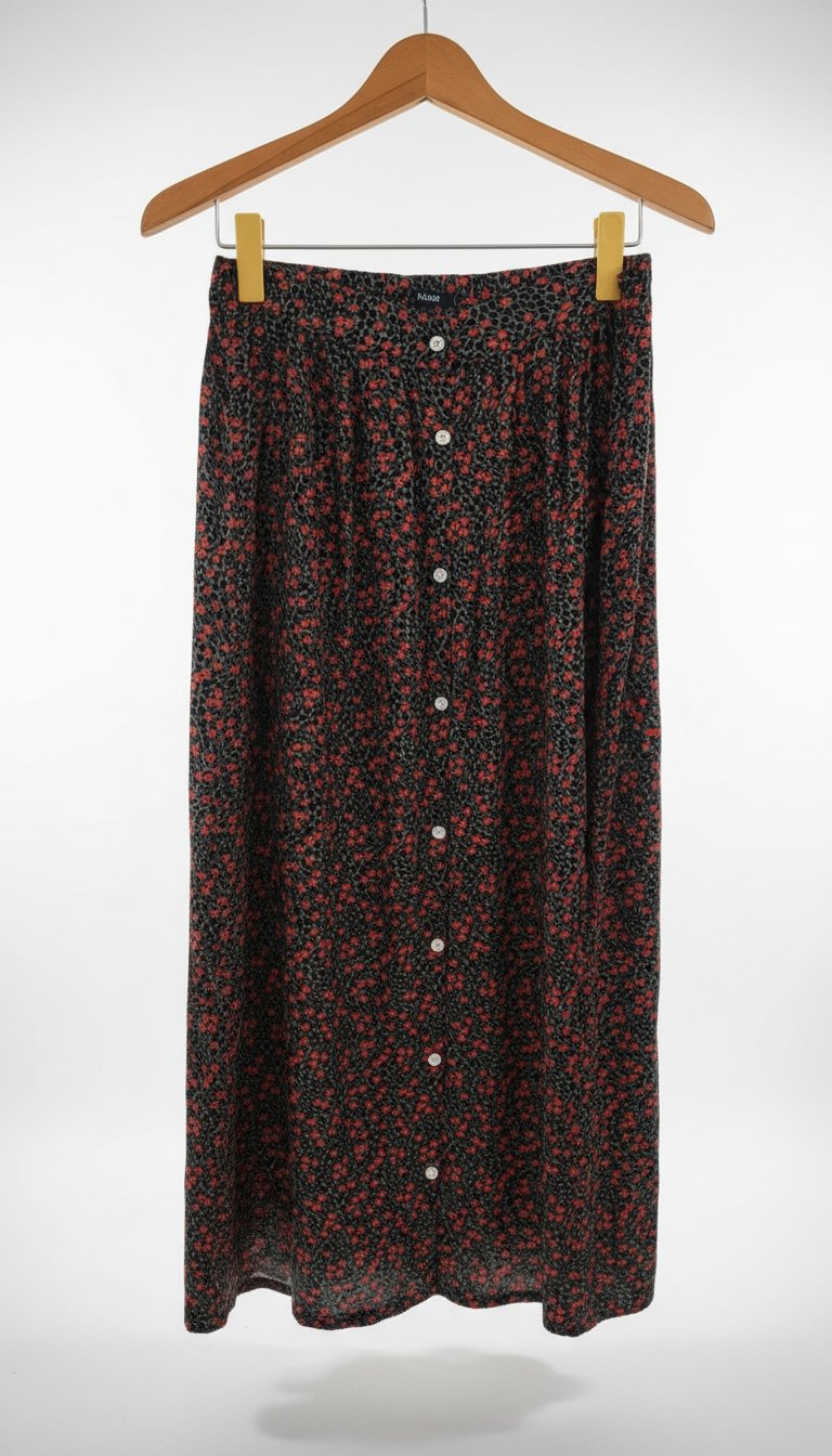 Jupe longue Kiabi imprimé fleuri noir et rouge – Taille 44 – Jamais portée