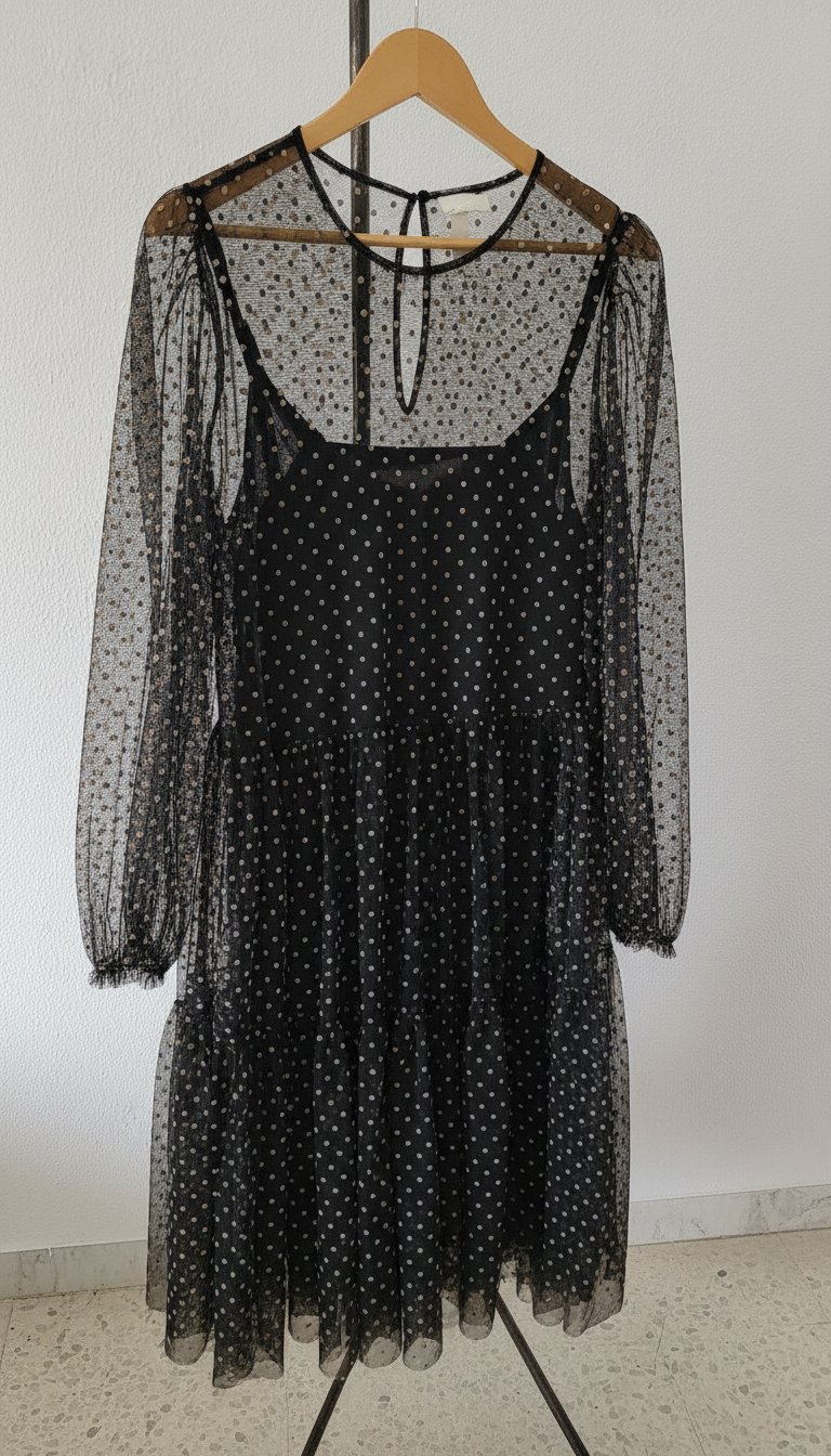 Robe midi tulle noire à pois dorés manches longues – H&M – Taille L