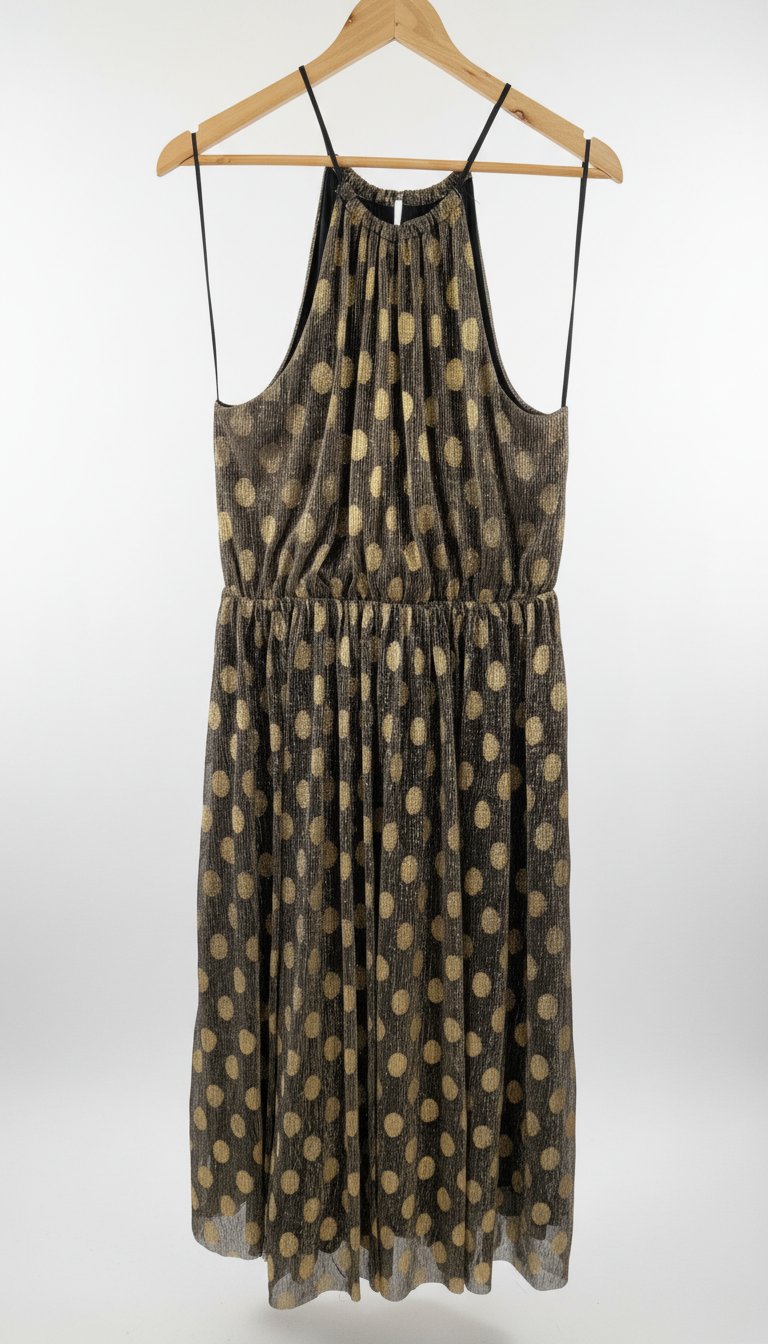 Robe midi halter noire à pois dorés métallisés