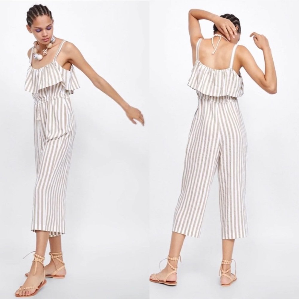 💥LIQUIDATION 💥Combinaison rayée en lin mélangé avec taille froncée Zara. TAILLE 36/S