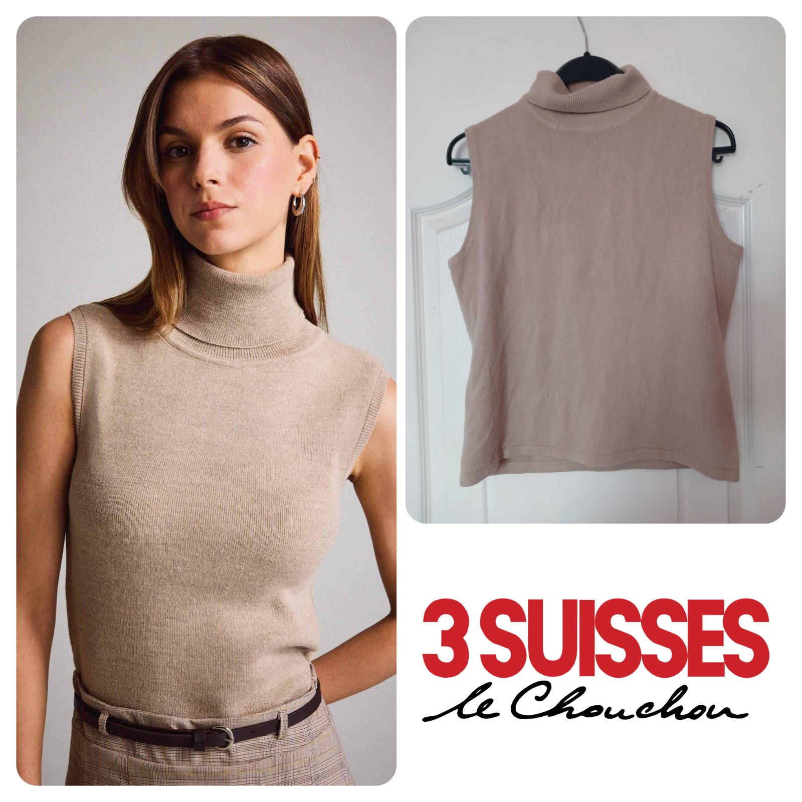 Pull sans manches,  col roulé. 3 SUISSES. Taille 42/XL
