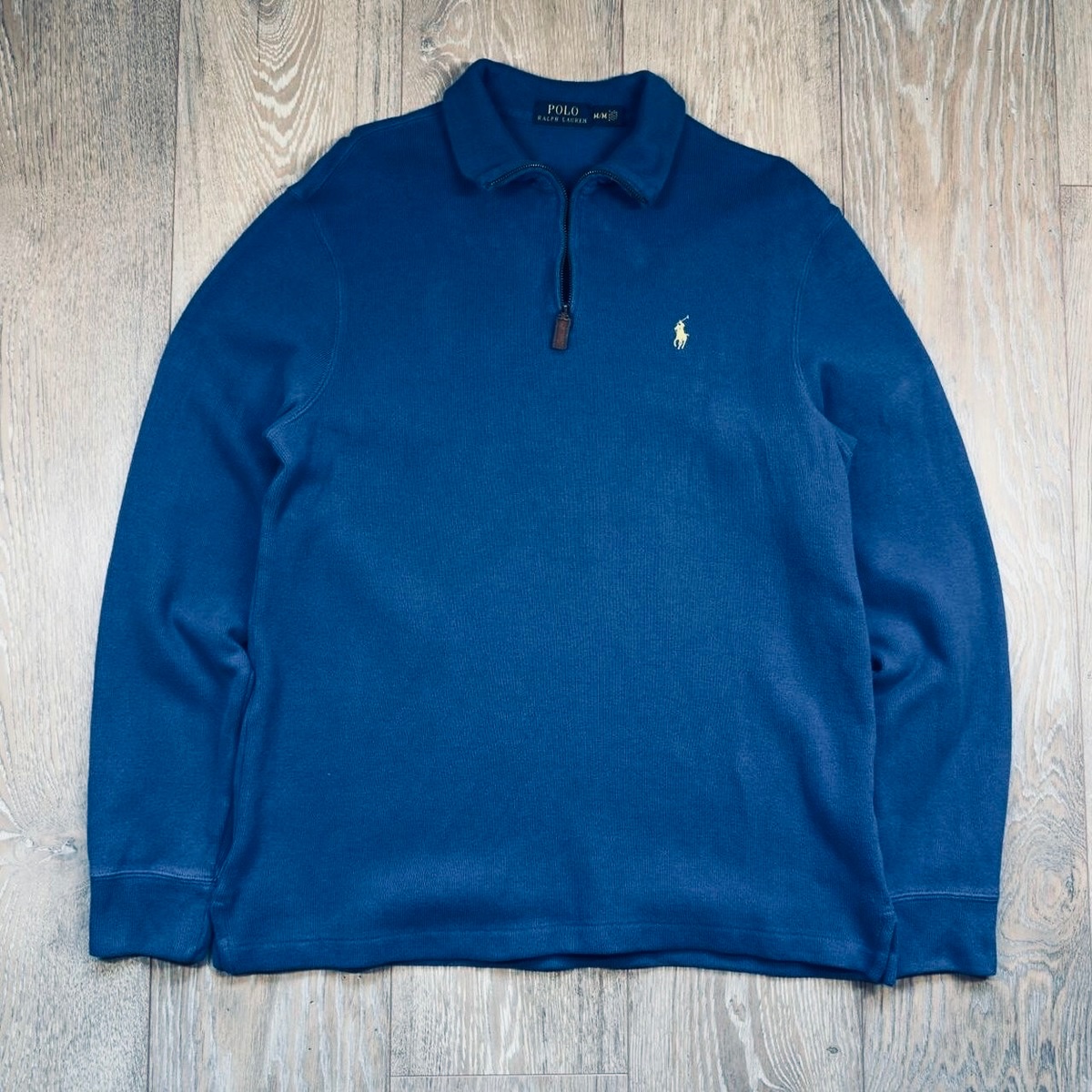 Pull-over Polo Ralph Lauren à Col Zippé Bleu Marine - Logo Jaune/Doré - Taille M