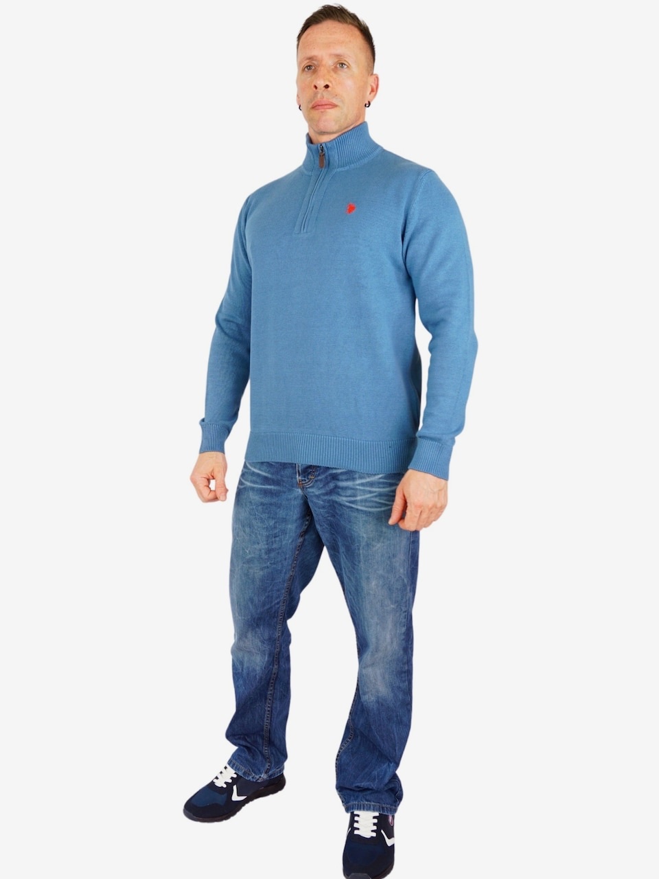 Pull-over Polo Ralph Lauren à Col Zippé Bleu Chiné - Logo Rouge - Taille M