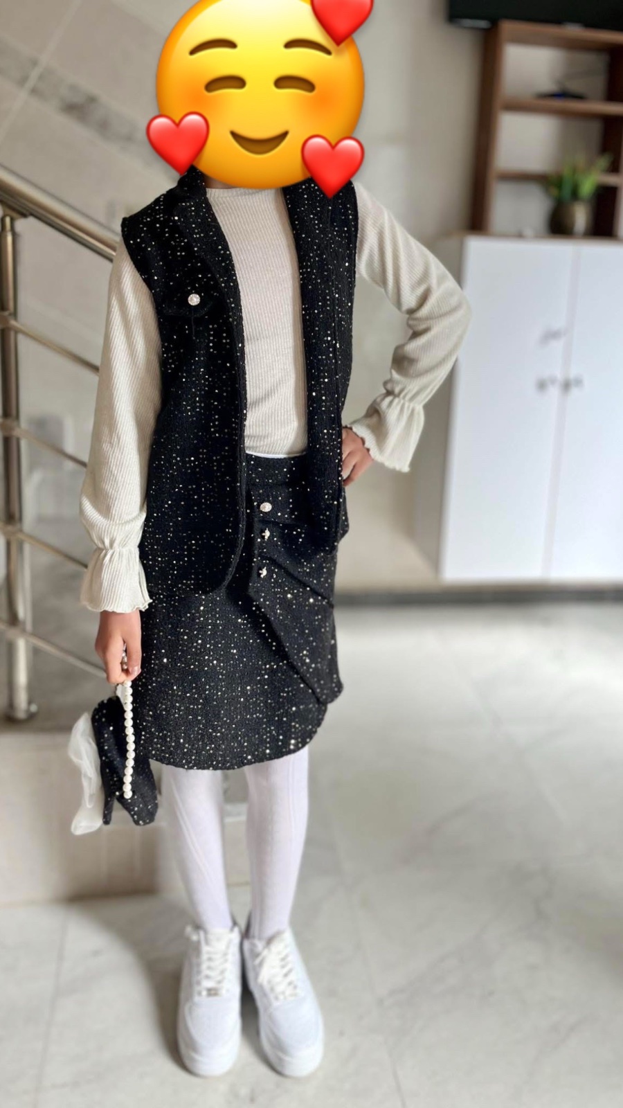 Ensemble chic gilet et jupe en tweed pour fille