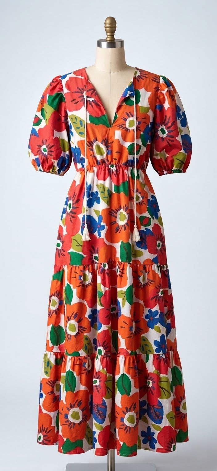 Robe longue fleurie colorée à manches bouffantes – Style été