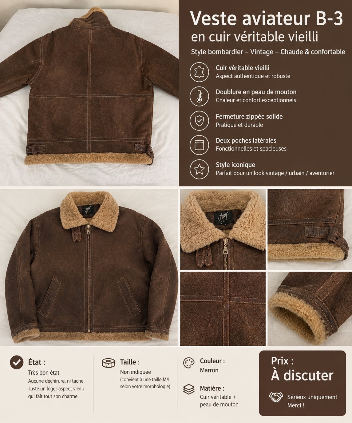 Blouson aviateur – CUIR VÉRITABLE – Taille L