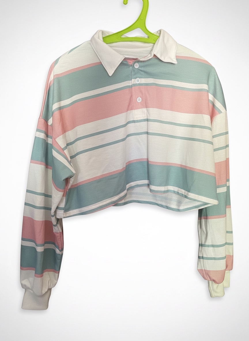 Crop polo manches longues rayé pastel