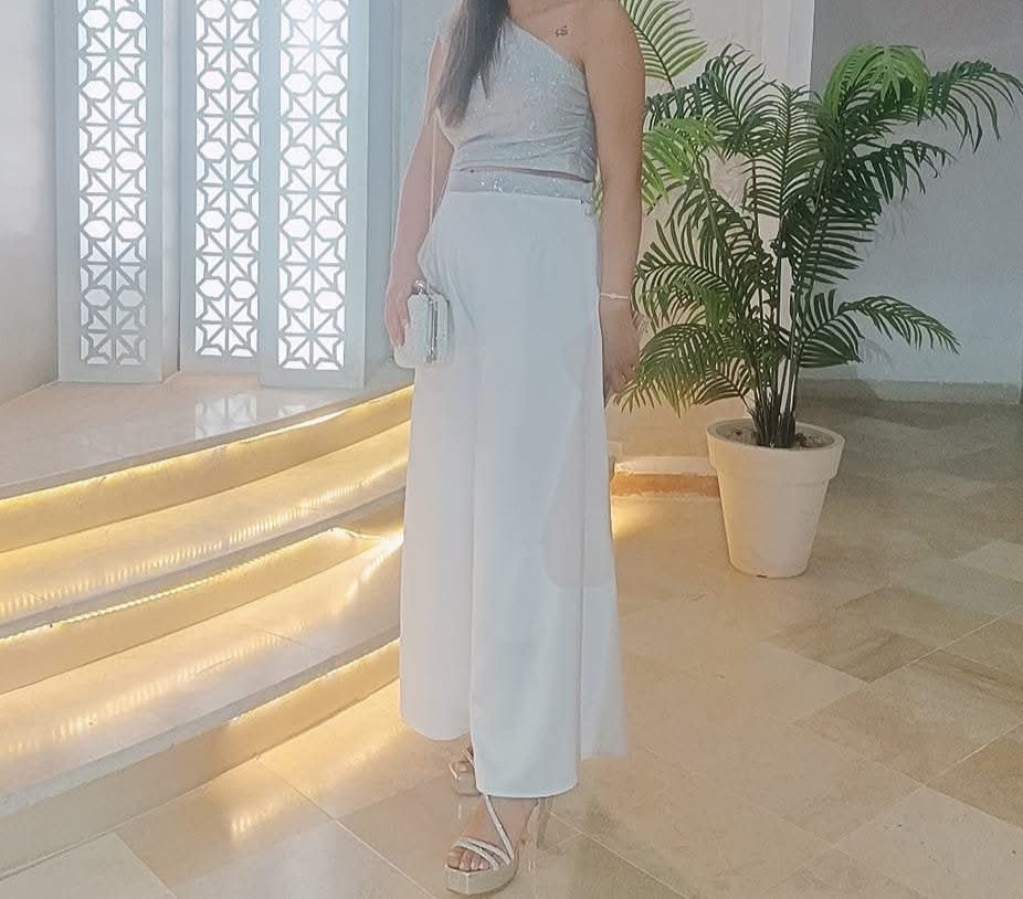 Ensemble pantalon large blanc +top élastiqué en argent 
