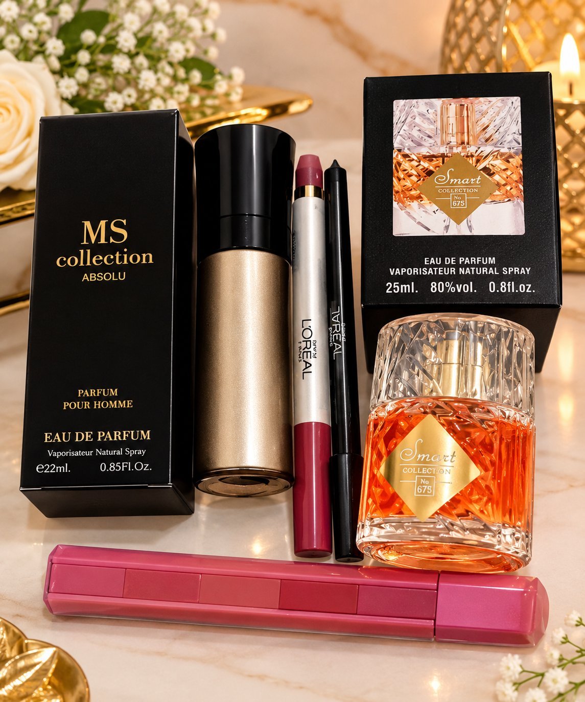 2 parfums homme et femme rouge à lèvres 💄 5en1+crayon noir+crayon à lèvres 