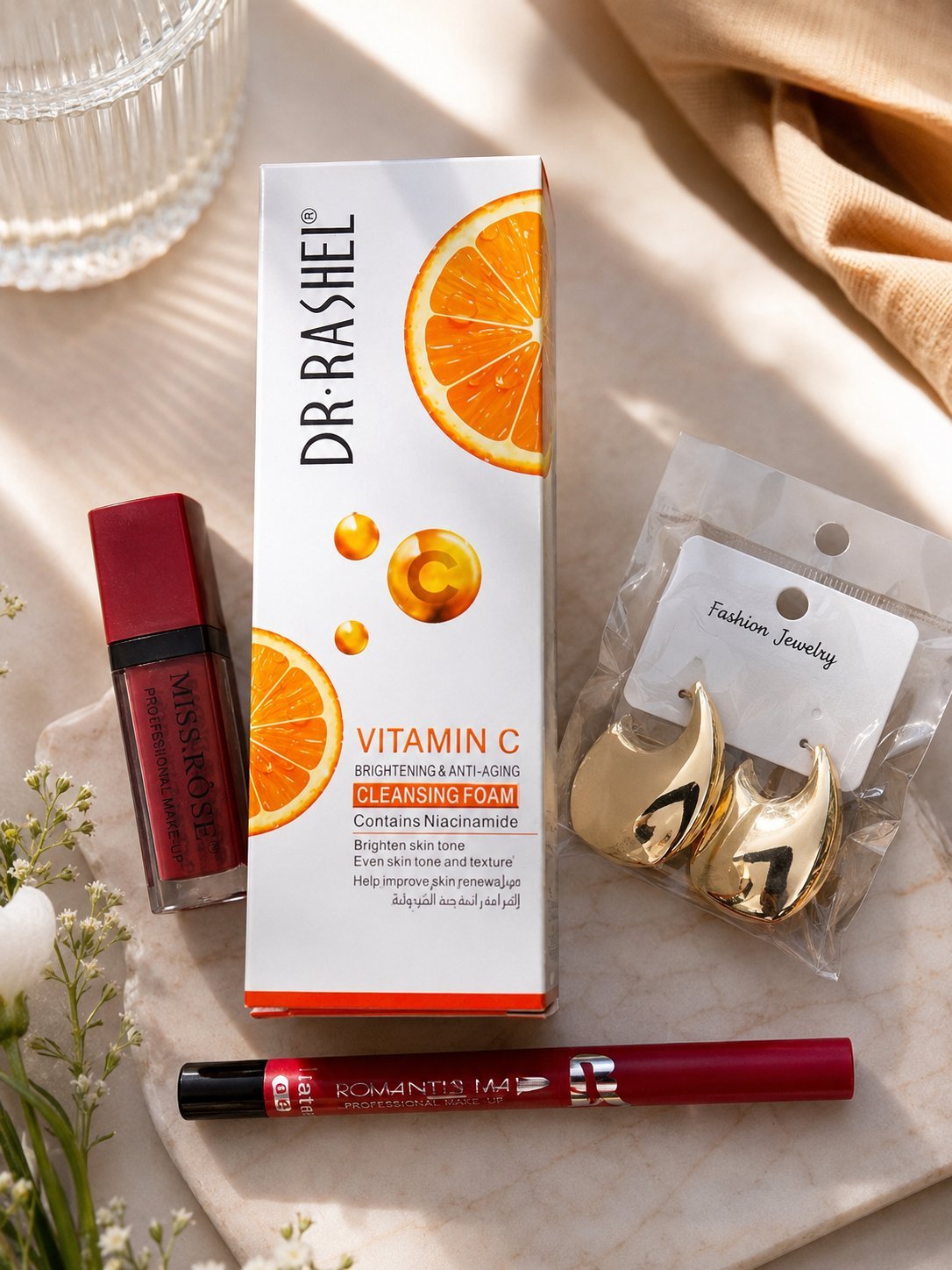  Sérum vitamine c+gloss+cryon à lèvres+boucles d'oreilles 